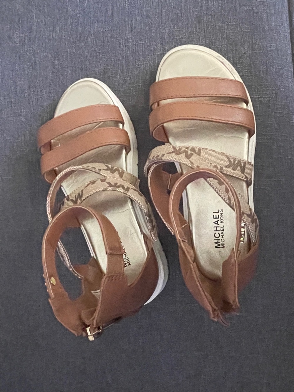 Michael Kors Brown Leather & Logo Strap Wedge Sandals